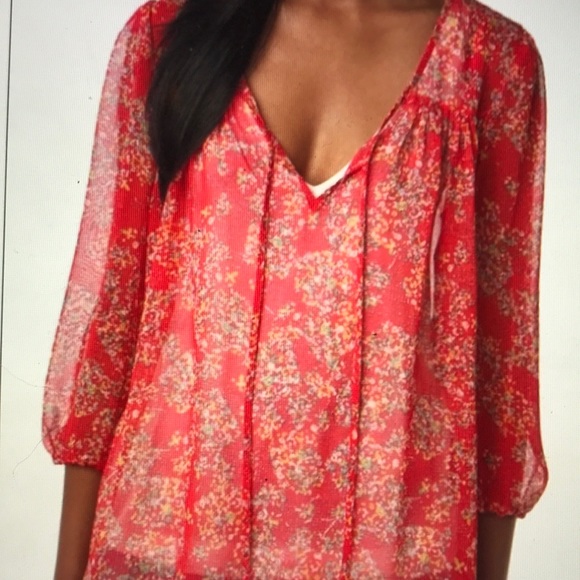 Pins & Needles Tops - Pins and Needles Red Floral Sheer Boho Peasant Top